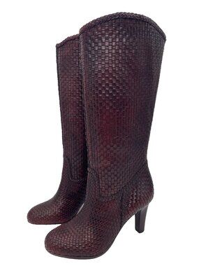 Corso Como Burgundy Woven Leather Knee High Tall Heeled Boots Size 5.5